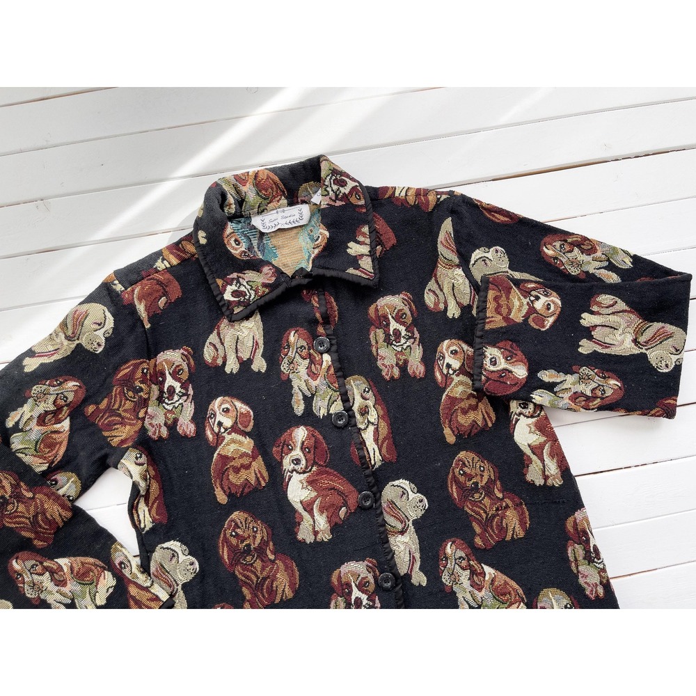 vtg Sara Studio black puppy dog cottagecore woven tapestry jacket coat